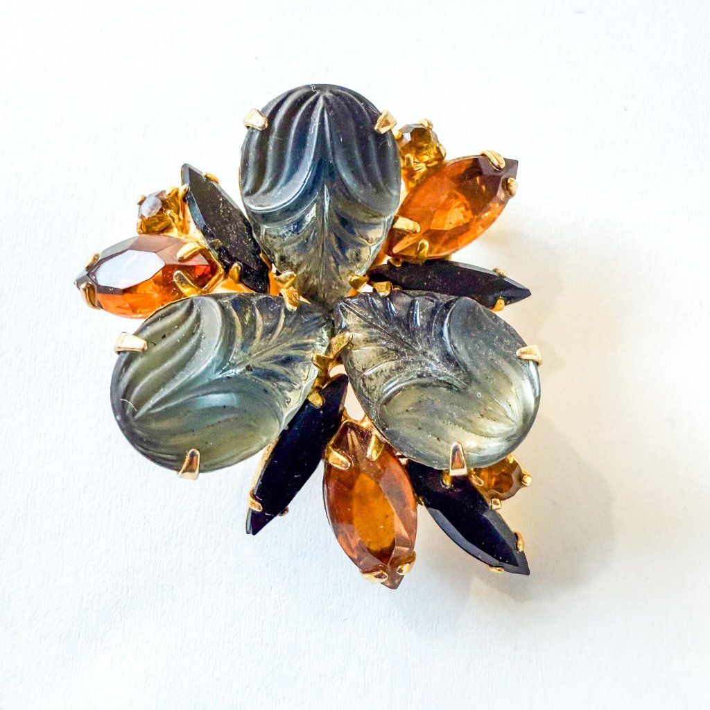 Vintage Juliana Etched Art Glass Grey Brooch Amber Black Rhinestones 65$